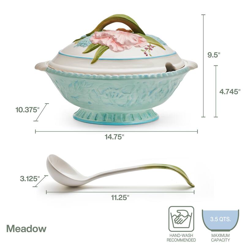 Fitz and Floyd Meadow Tureen and Ladle Set, 3.5 Quarts