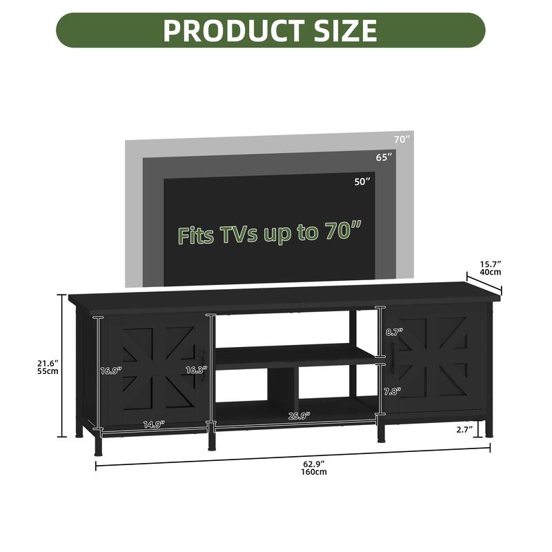 Moasis Farmhouse TV Stand with LED & Charging, Storage Cabinet and Shelves for TVs up to 70", Black