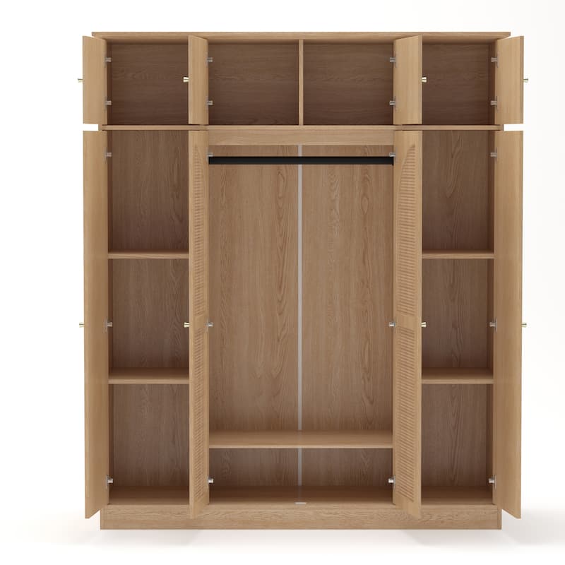 70.87" 8-Door Large Capacity Armoire Wardrobe Closet with Hanging Rod, Adjustable Shelves and Rattan Decorative Doors