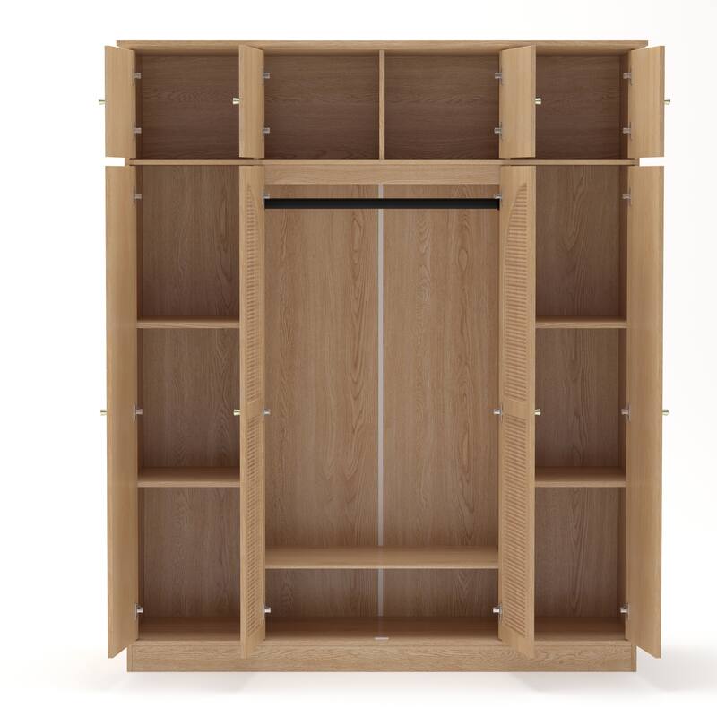 Rattan Decorative Doors Wardrobe Closet with Hanging Rod & Shelves, Large Capacity Armoire Clothing Storage Cabinet