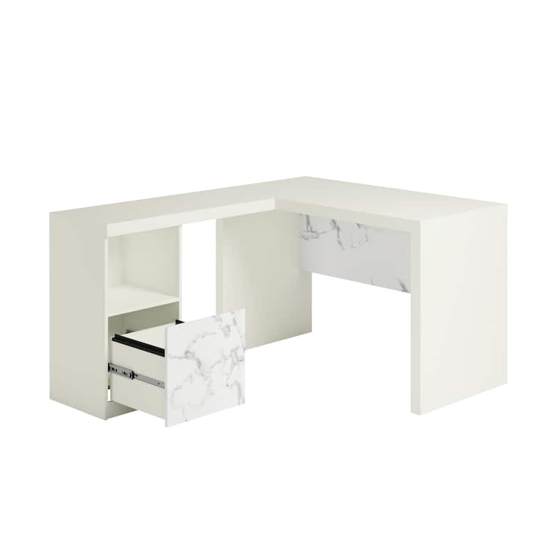 Wood L-Shaped Desk with File Drawer, White
