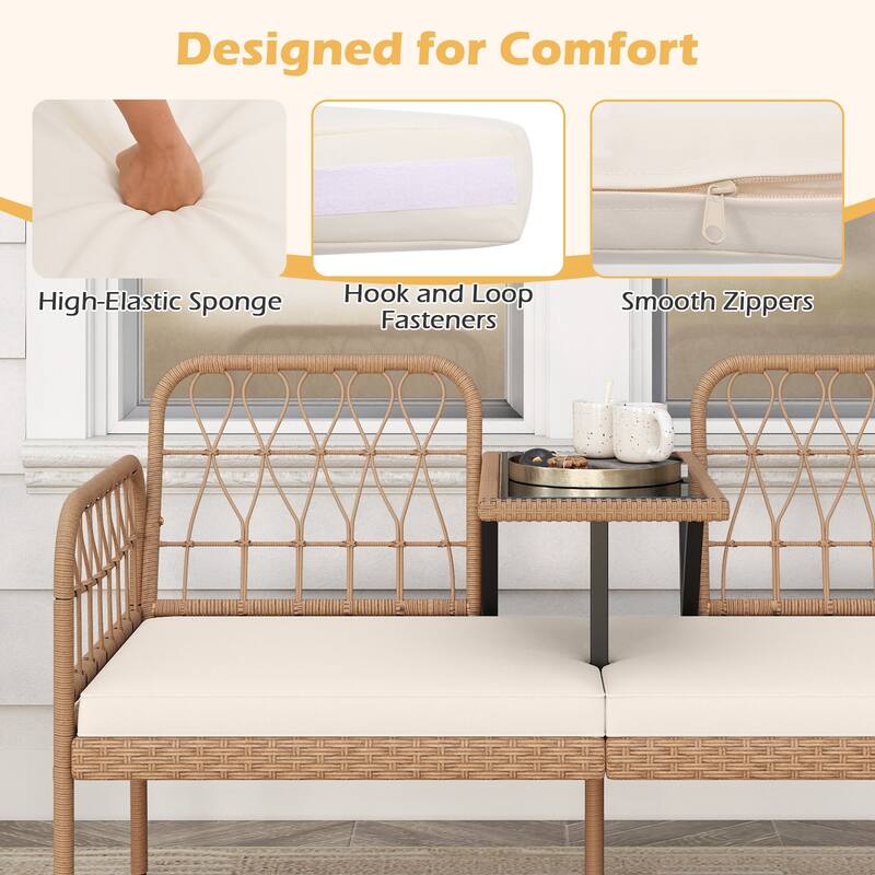 Gymax PE Rattan Outdoor Loveseat w/Built-in Coffee Table & Soft