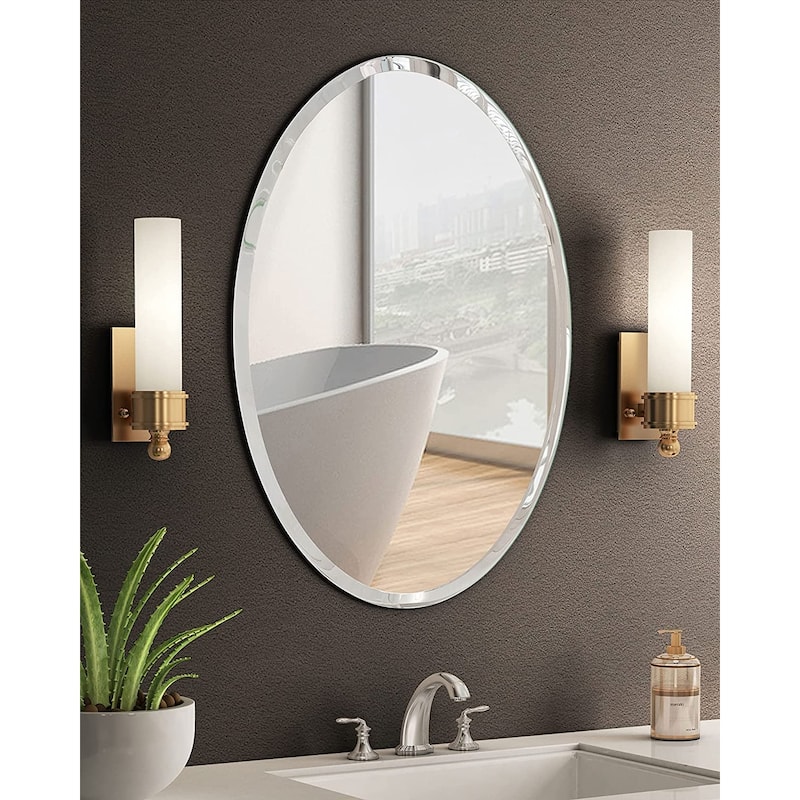 KOHROS Modern Beveled Oval Bathroom Vanity Frameless Wall Mirror - Medium