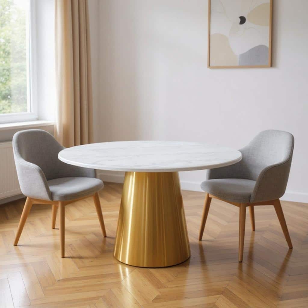 HomeRoots 54" Gray White and Gold Marble and Metal Pedestal Base Round Top Dining Table - 54.00 in. x 30.00 in. x 54.00 in.