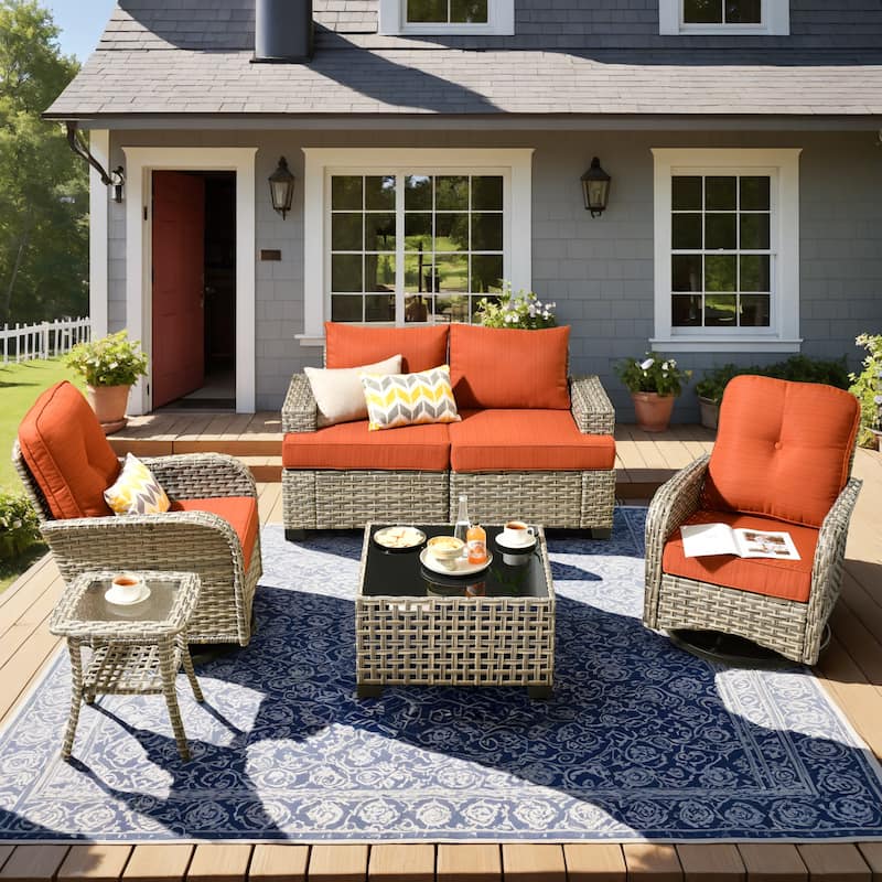 HOOOWOOO 6-piece Wicker Patio Outdoor Seating Swivel Chair Set - Red/Orange