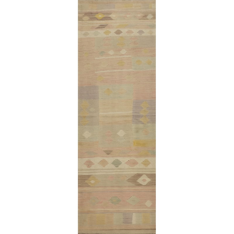 Hand Woven Oriental 100% Wool Carpet Southwestern Tribal Pink Kilim Runner Rug - 7' 9'' X 2' 0''