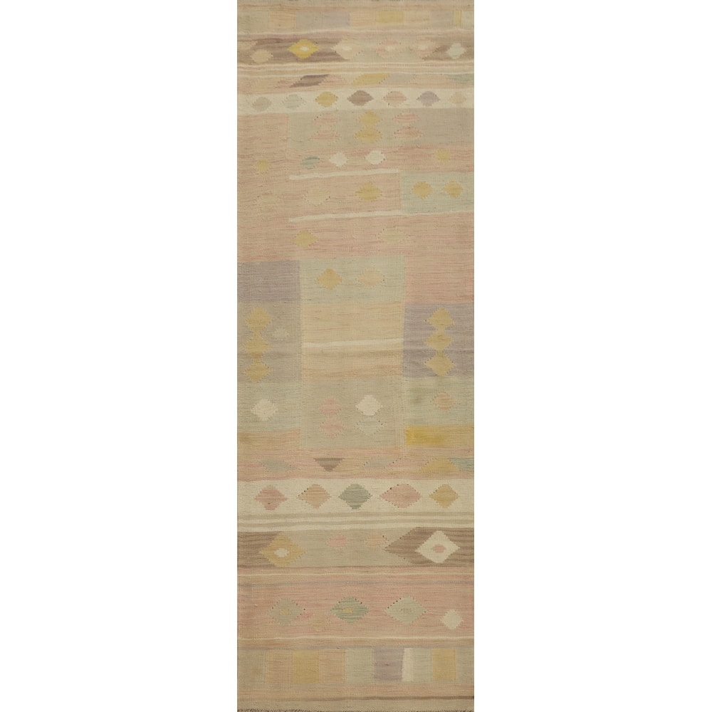 Hand Woven Oriental 100% Wool Carpet Southwestern Tribal Pink Kilim Runner Rug - 7' 9'' X 2' 0''