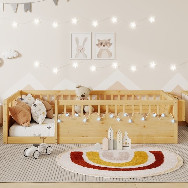 slide 2 of 12, Twin Size Toddler Floor Bed Fence Bed with Guardrails, Natural Natural - Twin