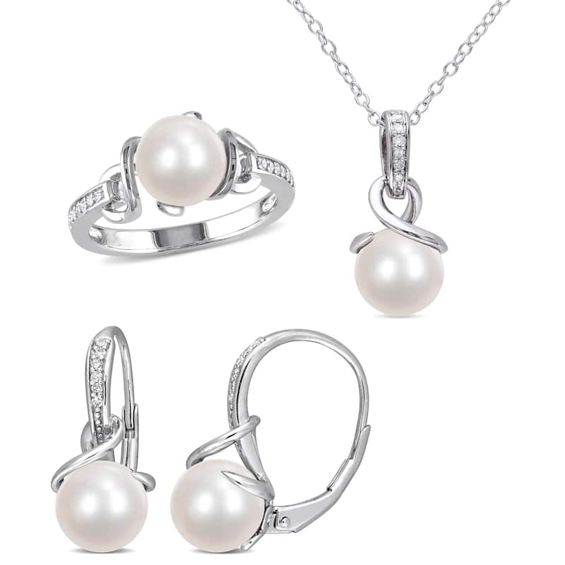 Miadora Cultured Freshwater Pearl 1/6ct TDW Diamond Twisted Jewelry Set Sterling Silver