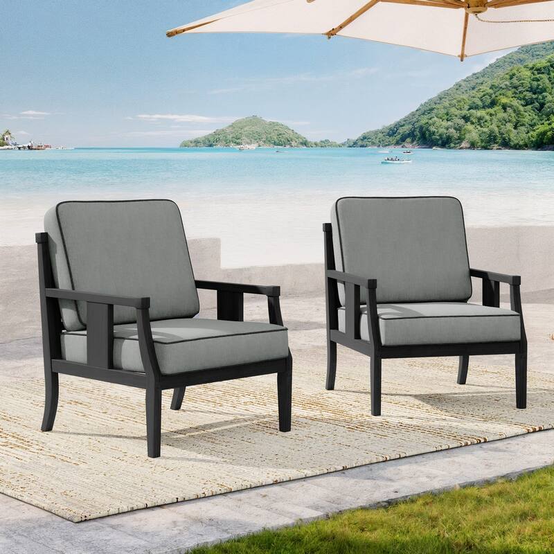 Black Wood Patio Accent Chairs with Water-Resistant Cushions - Grey