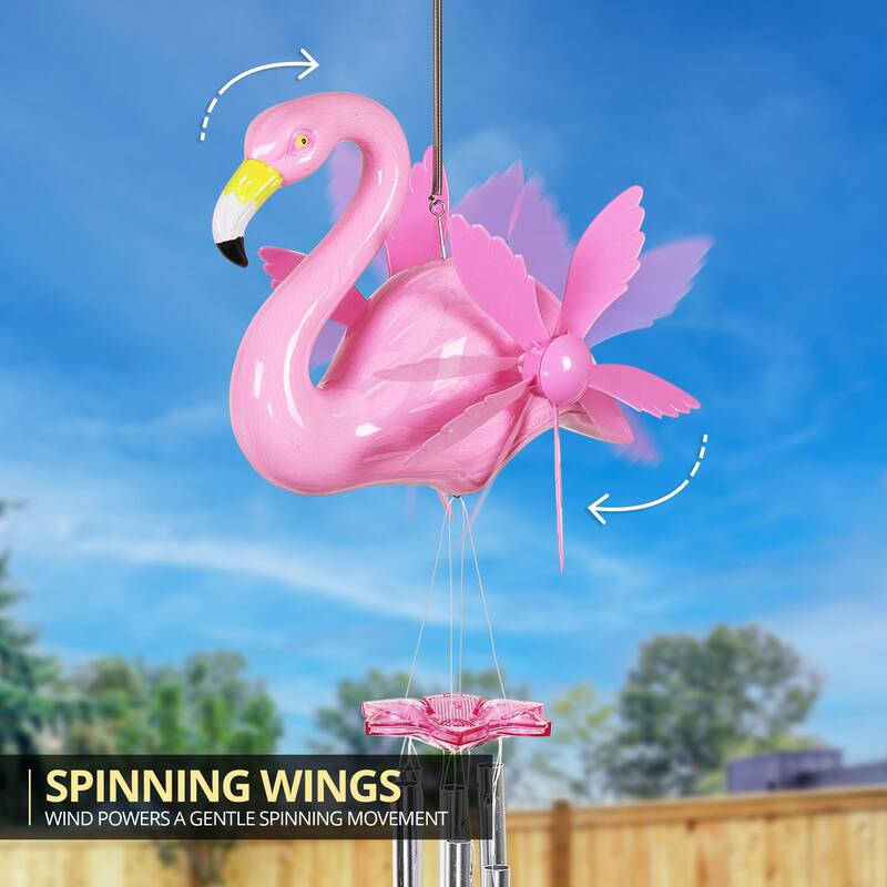 Exhart Large WindyWings Whirligig Pink Flamingo Spinning Wind Chime, 11 by 24 Inch