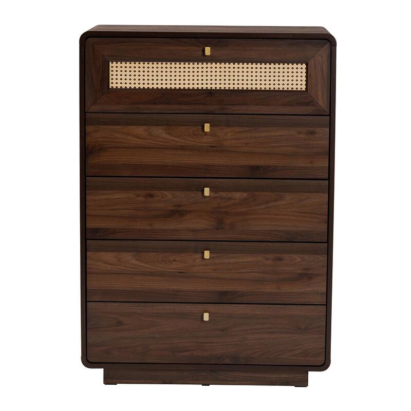 Jenibelle Classic Walnut Brown Wood 5-Drawer Chest with Rattan Drawer