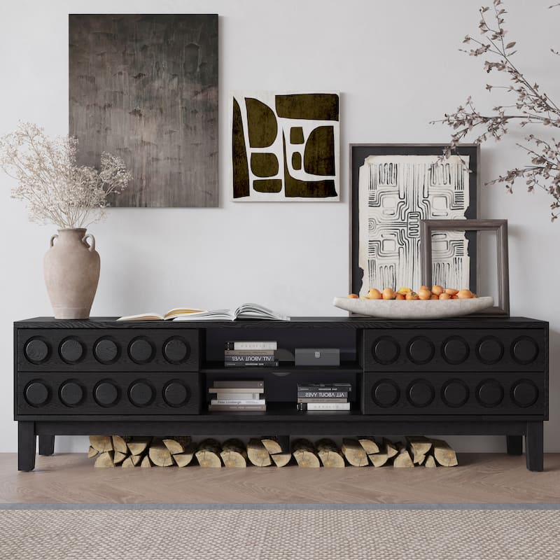 Modern Mid-Century Media Console with 4 Drawers and Cable Management, TV Console Table for TVs up to 75" - Black+ Gray