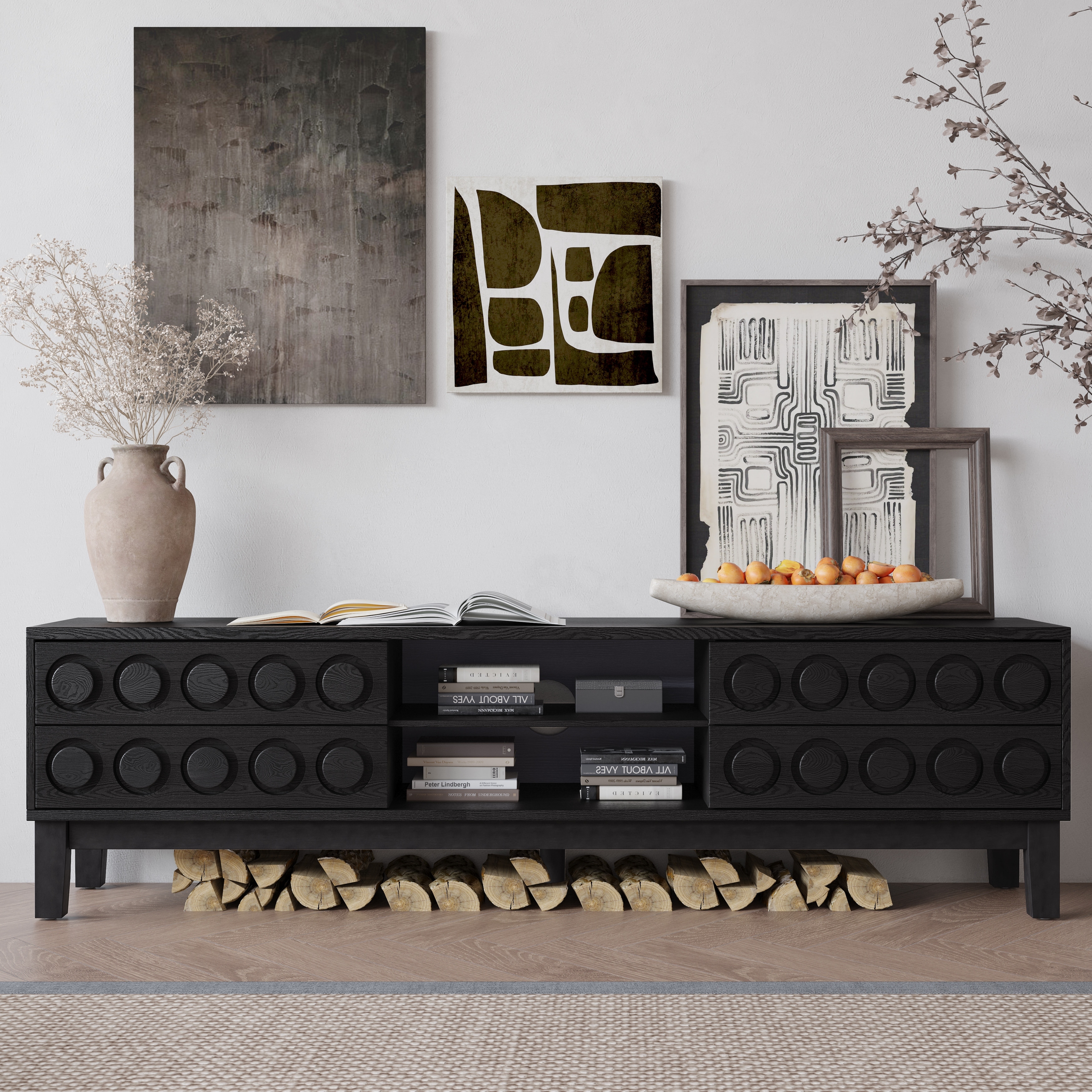 Modern Mid-Century TV Stand, for TVs Up to 75" with 4 Drawers and Cable Management, for Living Room and Office, Black