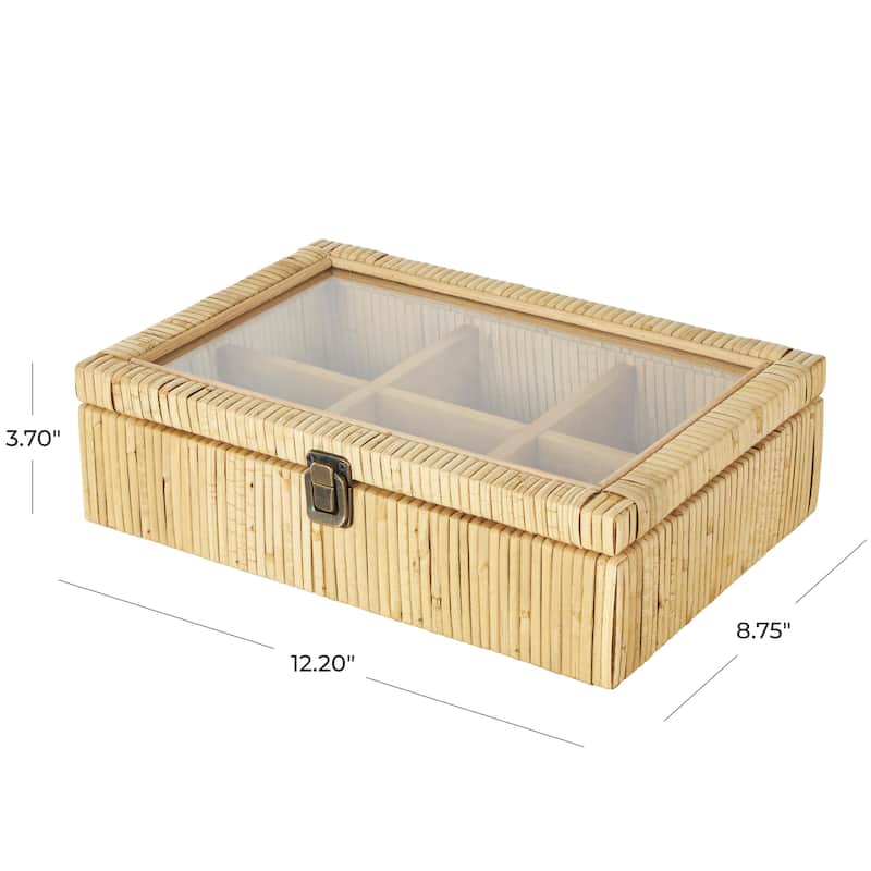 Rattan Handmade Wrapped 6 Slot Decorative Jewelry Box with Tempered Glass Top - Brown - Roche River Decor