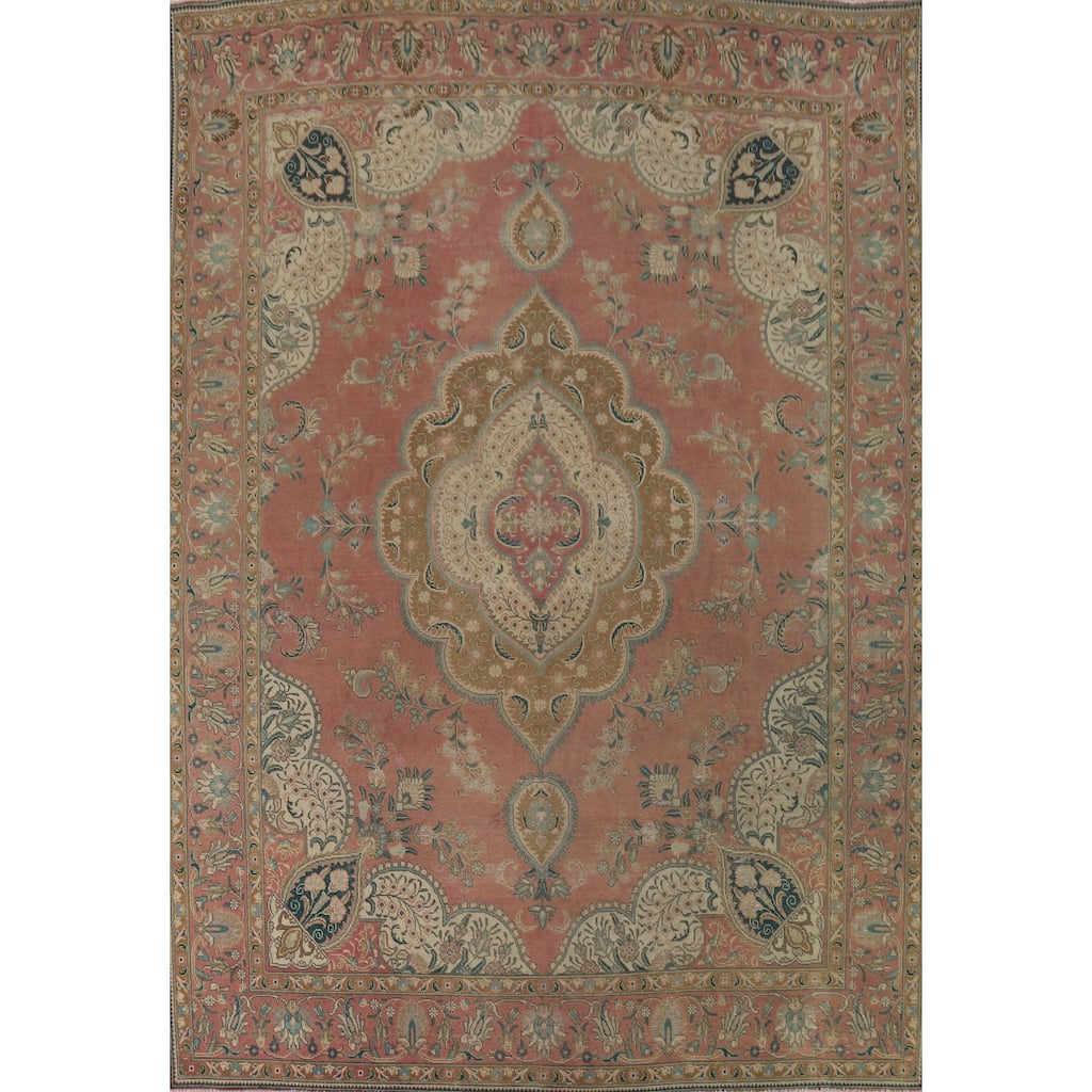 Pink Tabriz Vintage Persian Area Rug Hand-Knotted Wool Carpet - 9'10" x 12'7"