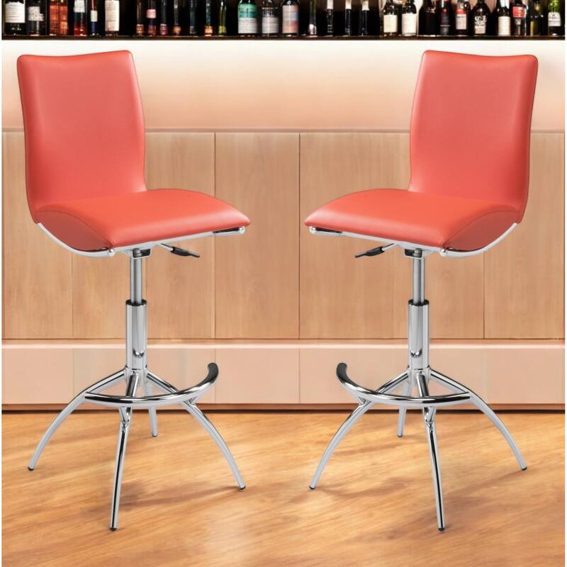 HomeRoots Set of Two Orange and Silver Faux Leather and Metal Low Back Adjustable Height Bar Chairs - Adjustable - Set of 2 - Orange