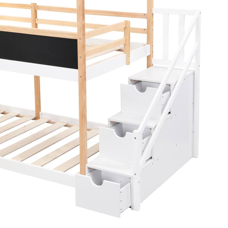 Twin over Twin Bunk Bed House Bed With Roof Windows Blackboard And Storage Ladder Platform Bed, bed Frame