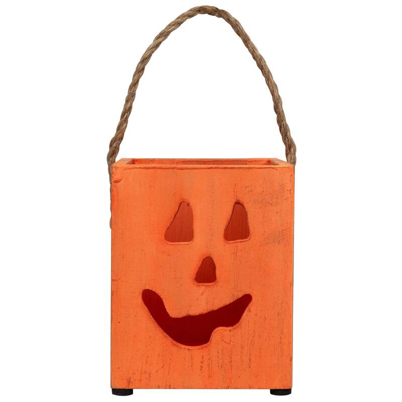 Small Orange Wood Jack O Lantern Halloween Candle Lantern - 6.25"