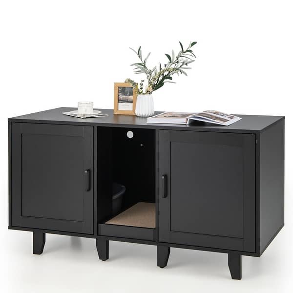 Gymax Cat Litter Box Enclosure TV Stand Hidden Cat House On