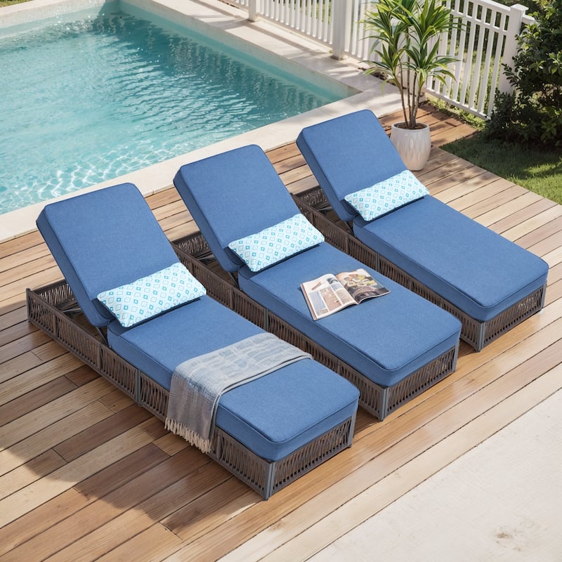 Pocassy Outdoor Lounge Chairs, Pool Lounge Chairs with Adjustable Backrest - 3-Piece Brown Wicker Blue Cushion