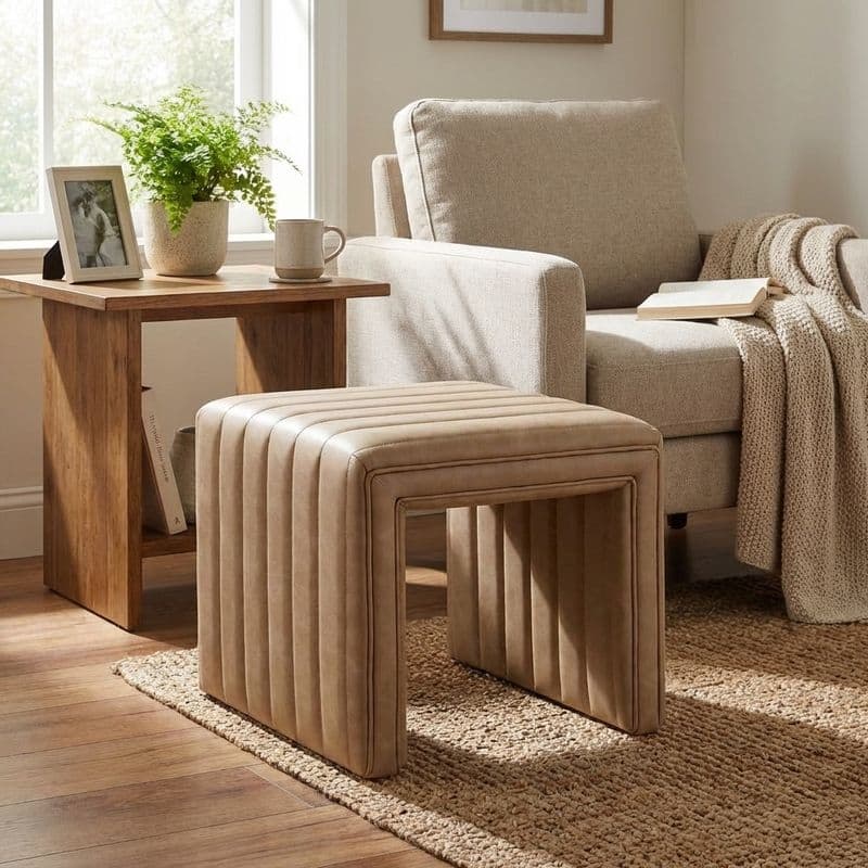 HomePop Modern Channel Ottoman - Light Brown Faux Leather