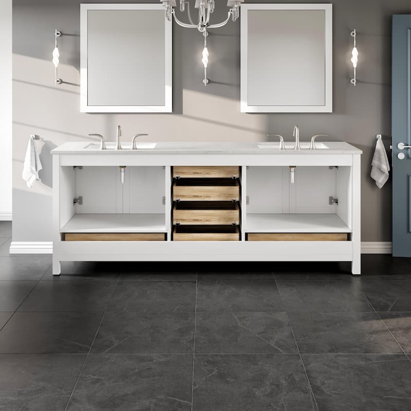 Eviva Aberdeen 84"W x 22"D White Double Sink Vanity with White Carrara Quartz Top and Rectangular Undermount Sinks