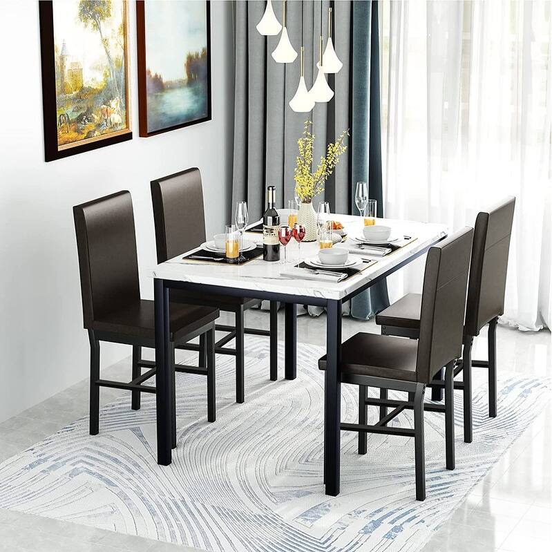 Modern Kitchen Dining Table Set for 4, Faux Marble Dining Set with 4 PU Leather Upholstered Chairs for Living Room, Kitchen