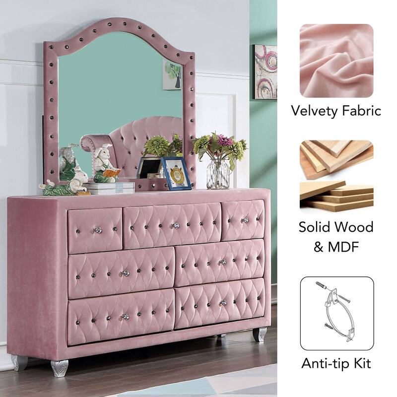 Vyvi Glam Pink Upholstered 2-piece 7-Drawer Dresser and Mirror Set by Furniture of America