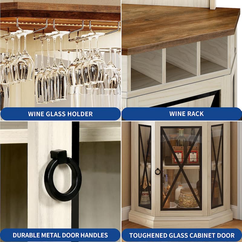 Moasis 72" Corner LED Bar Cabinet with Glass Holder, Wine Rack with Adjustable Shelves