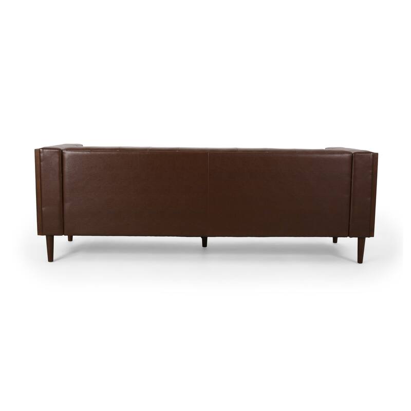 Dark Brown 90" Faux Leather Button Tufted 3-seater Sofa with Birch Wood Legs for Living Room