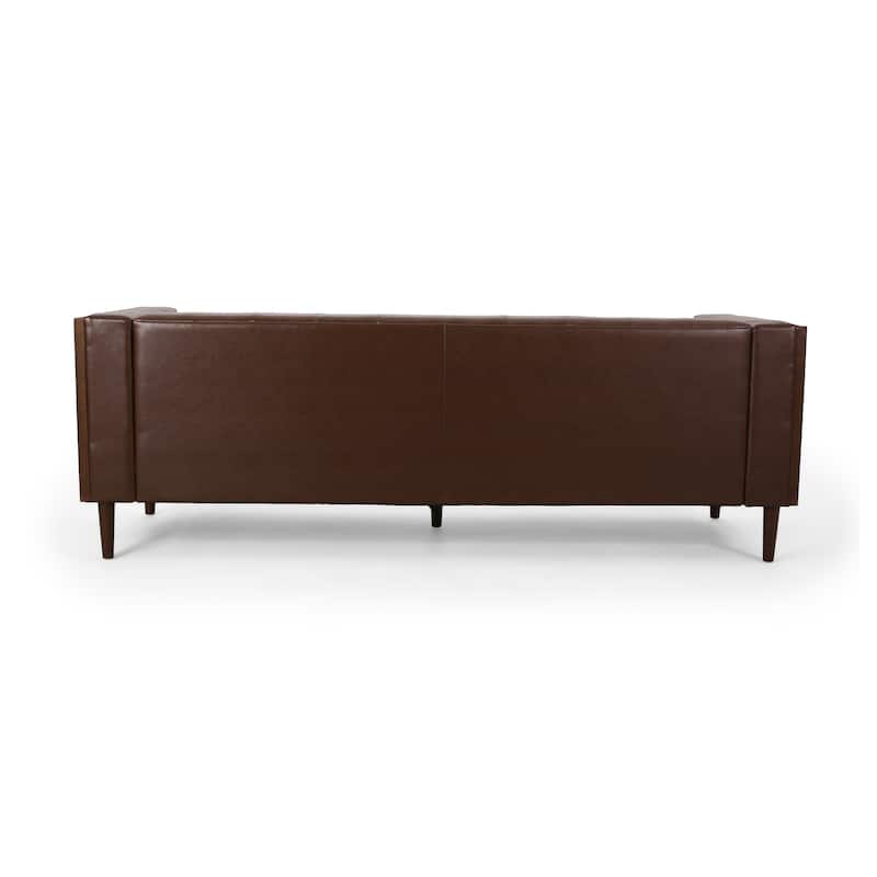 Dark Brown Faux Leather Button Tufted 3-seater Sofa with Birch Wood Legs