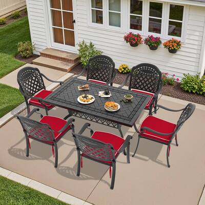 7-Pc Aluminum Patio Set , 6 x Armchairs with Red Cushions with 1 Table