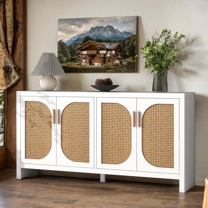 65'' Modern TV Stand with Rattan Doors and 2 Adjustable Shelves for