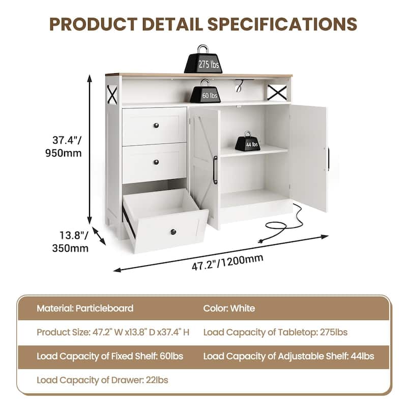 47inch Farmhouse Buffet Sideboard Cabinet, Wood Cupboard Storage Pantry Cabinet with Drawers, Coffee Bar Station Table