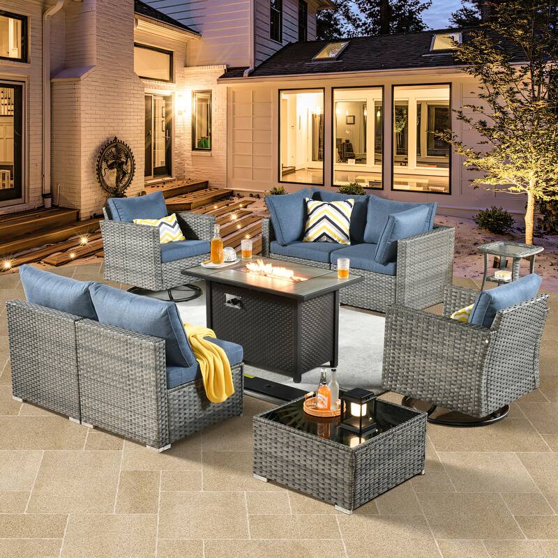 HOOOWOOO 9-piece Grey Rattan Outdoor Furniture Fire Pit Set with Swivel Chairs - Denim Blue