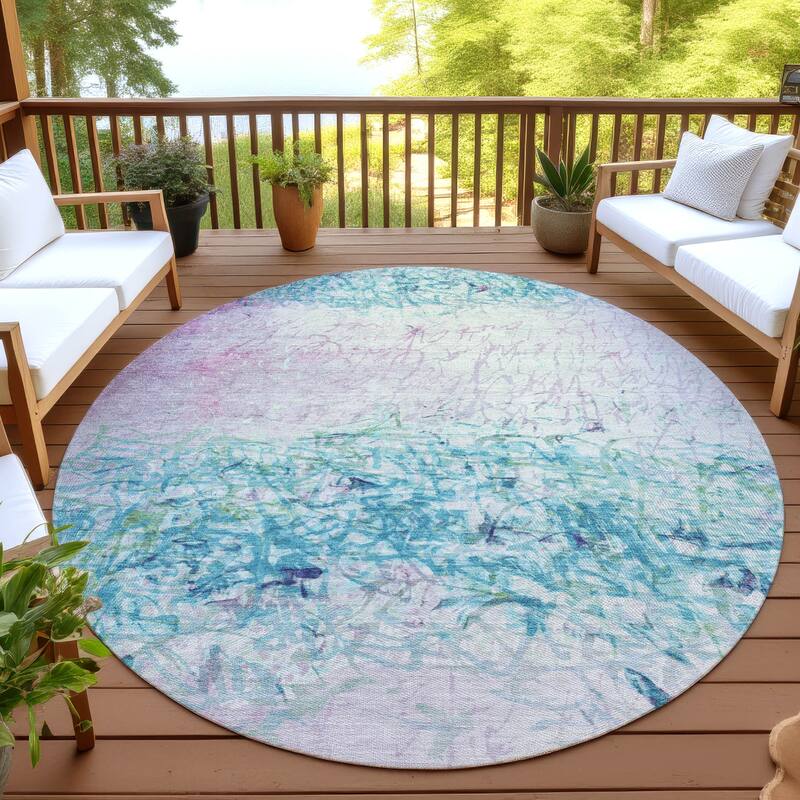 Machine Washable Indoor/ Outdoor Abstract Scribble Chantille Rug - Teal - 8' x 8'