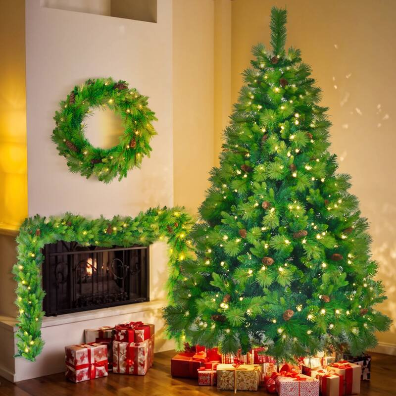 6FT Pre-Lit Christmas Tree with Garland & Wreath Set, LED Multi-Color & Warm Lights, Green and White Tips