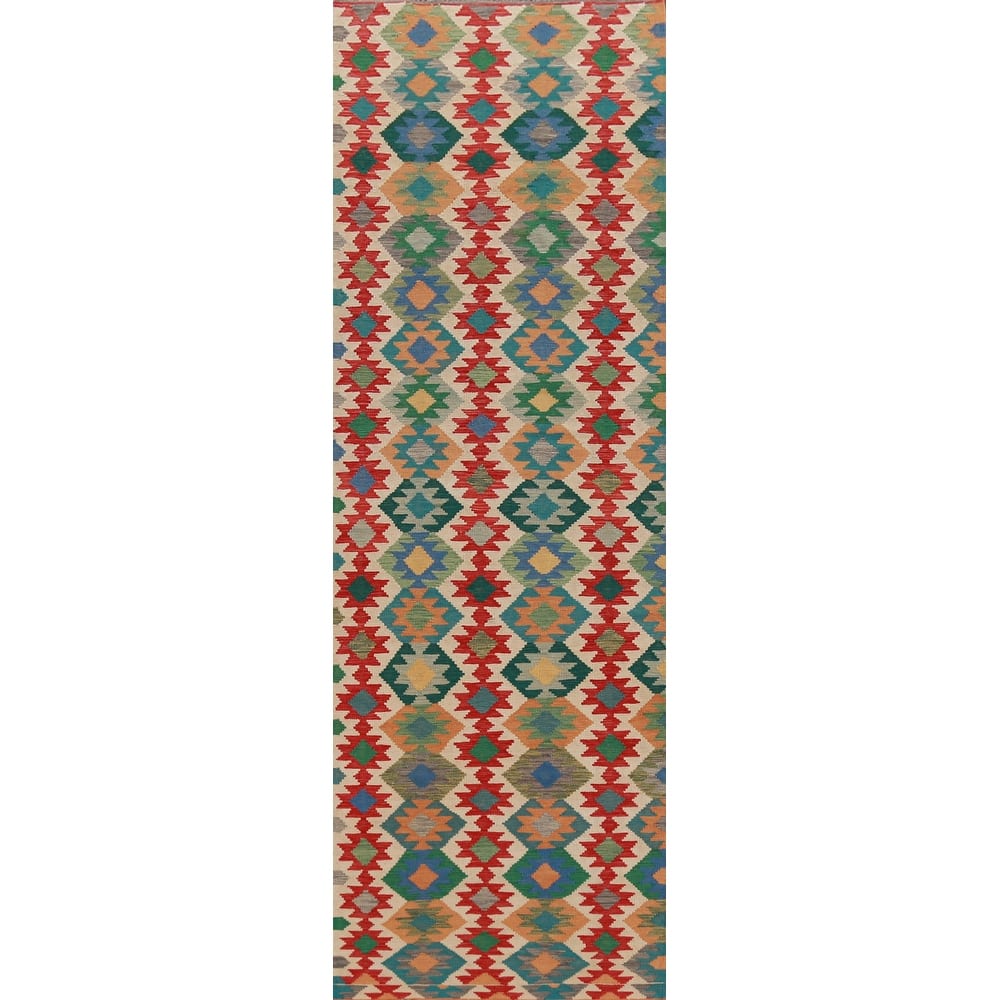 Hand Woven Oriental 100% Wool Carpet Southwestern Geometric Beige & Ivories Kilim Runner Rug - 12' 9'' X 3' 0''