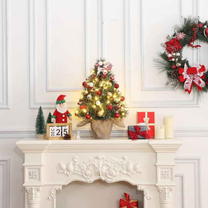 2/ 3ft Snow Flocked Artificial Tabletop Christmas Tree with LED Lights with Burlap Base