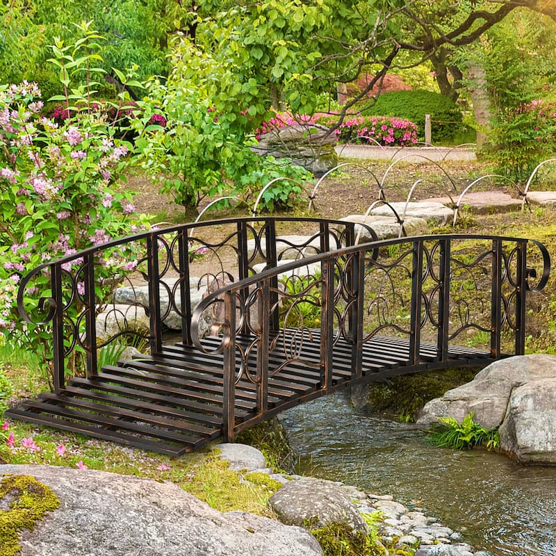 Outsunny 6' Metal Arch Backyard Garden Bridge with 660 lbs. Weight Capacity, Safety Siderails, Vine Motifs, & Easy Assembly - Bronze
