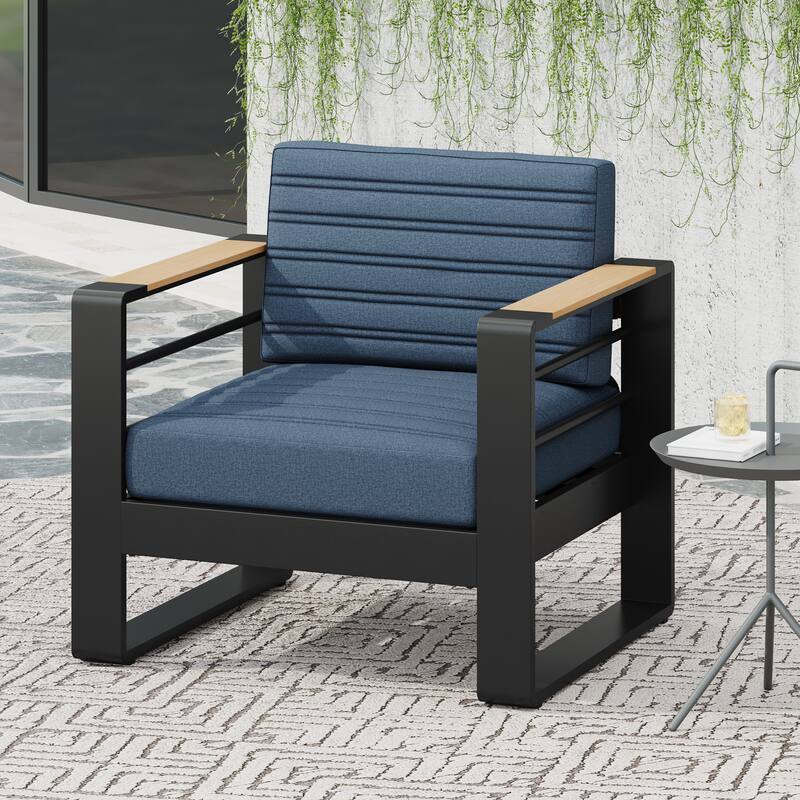 Roomfitters Modern Outdoor Club Chair with Slatted Metal Frame, Weather-Resistant Cushions and Wooden Armrests