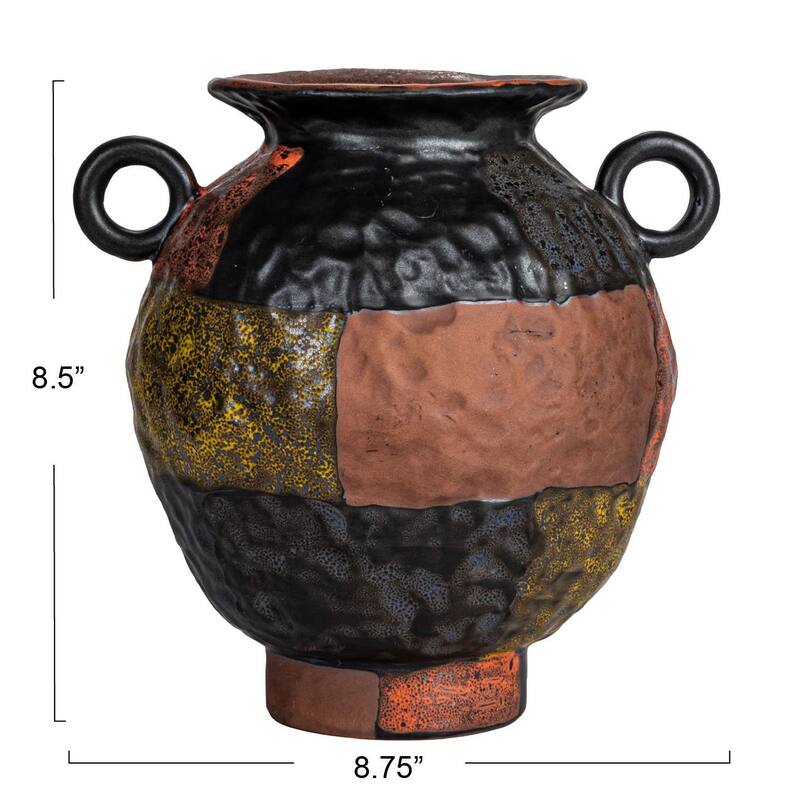 Textured Stoneware Vase with Handles and Reactive Glaze