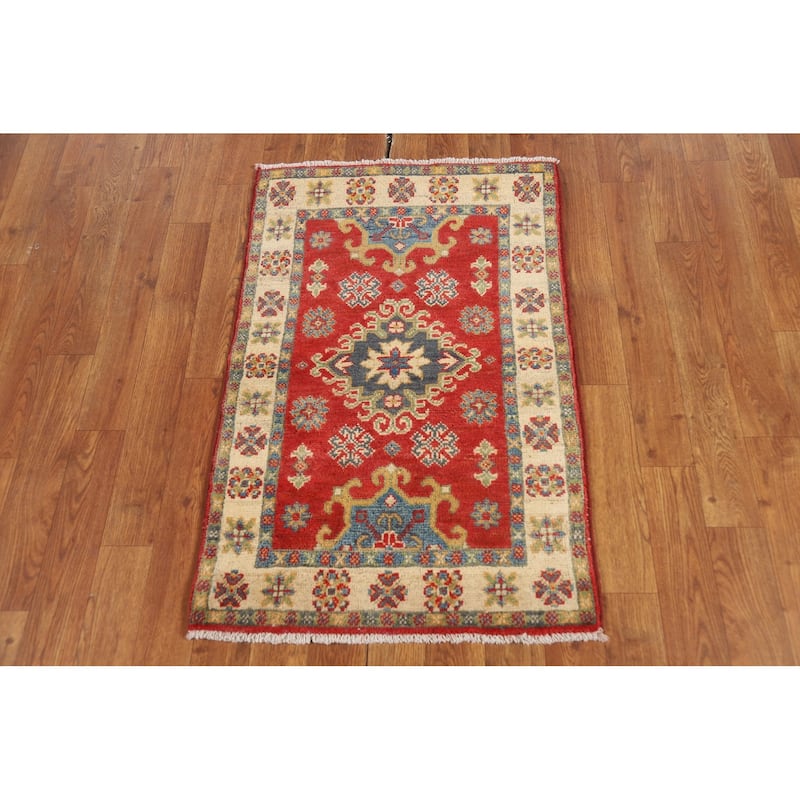 Geometric Red Kazak Oriental Foyer Rug Hand-Knotted Wool Carpet - 2'0" x 3'0"