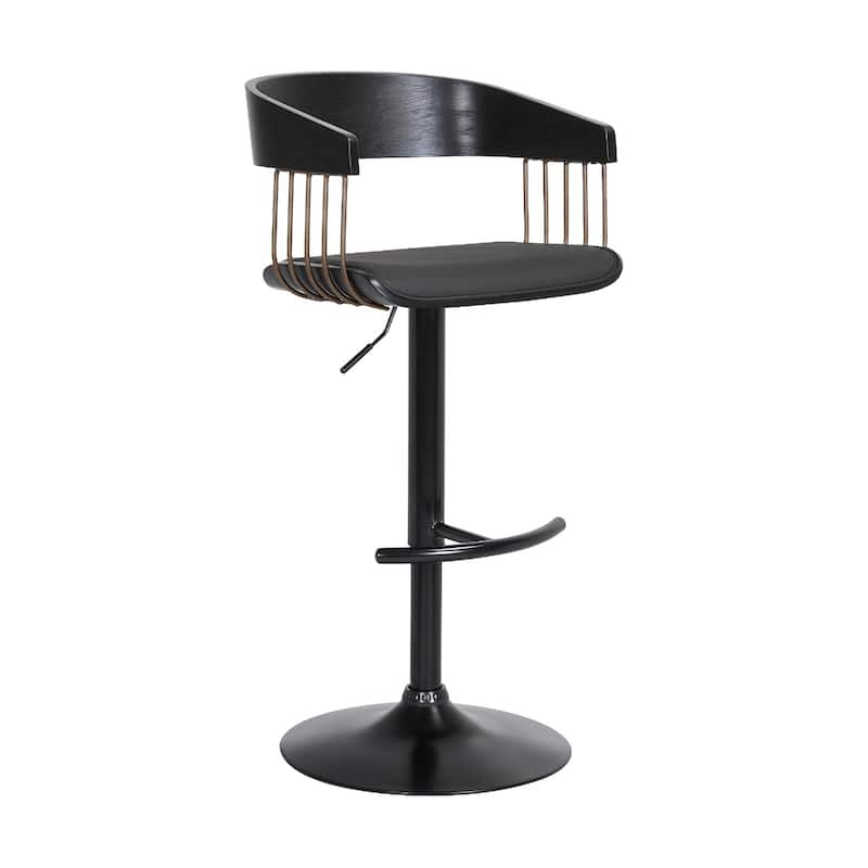 Modern Adjustable Bar Stool with Swivel Faux Leather Upholstery Pedestal Base and Footrest Support - 43.5”H x 19”W x 19.5”D - Black