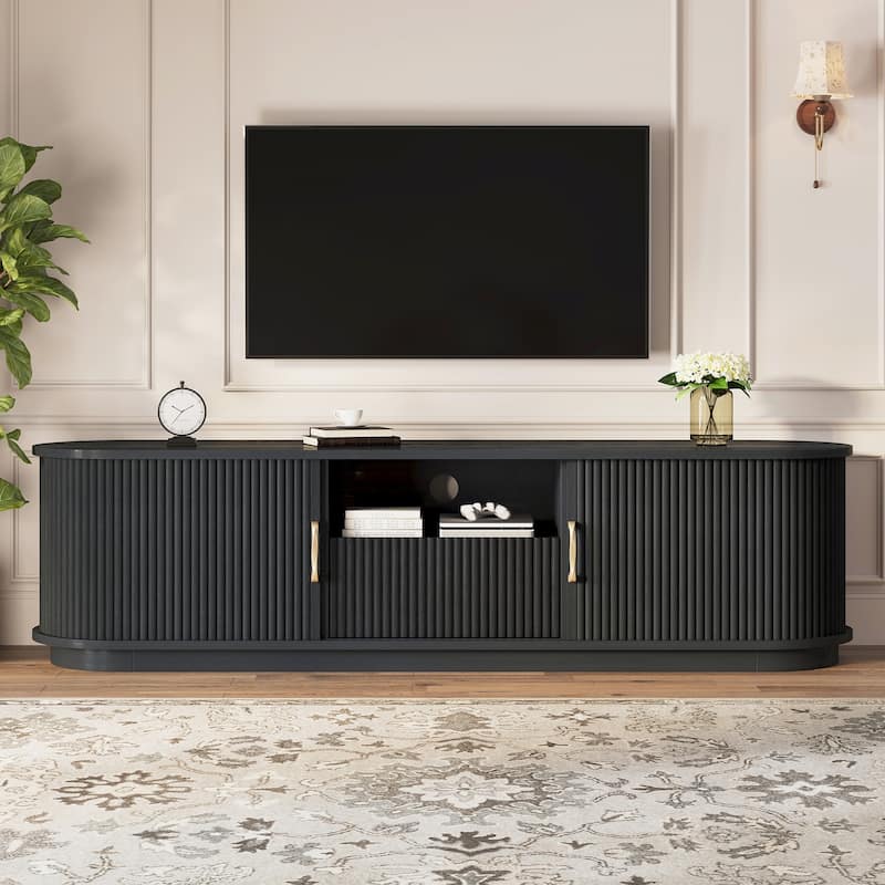 Vintage TV Stand with Sliding Wood Slatted Doors for TVs up to 75", with Drawer, Wood Grain Media Console with Cable Management