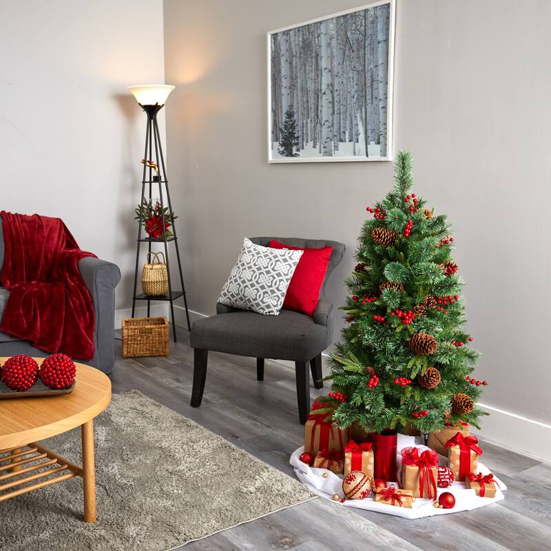 4' Norway Mixed Pine Artificial Christmas Tree with 150 Clear LED Lights, Pine Cones and Berries