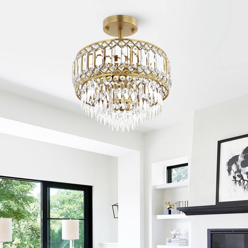 GetLedel 3-Light Dimmable Crystal Semi-Flush Mount Chandelier - Gold