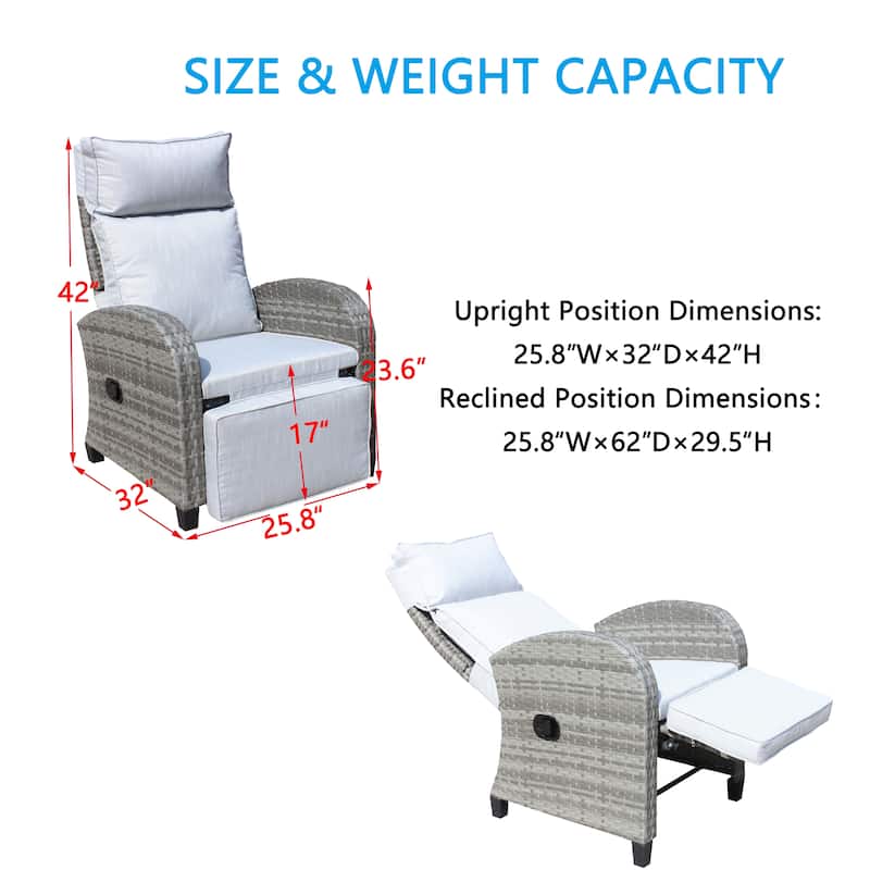 Outdoor Wicker Recliner Chair With Adjustable Backrest And Armrests (Excluding the table) - Grey