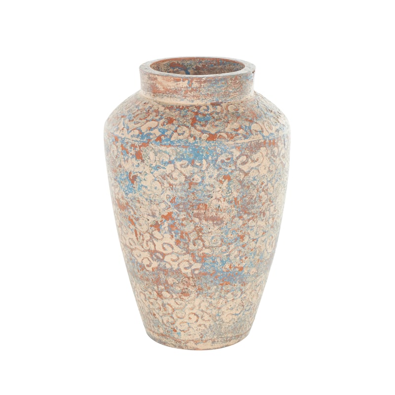 Beige Ceramic Handmade Antique Style Scroll Decorative Vase with Blue and Copper Accents